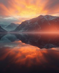 A stunning photorealistic image where volumetric lighting illuminates a glassy fjord reflecting a sunset. The scene is enhanc