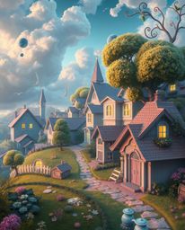 Discover a dreamlike, surreal watercolor painting of a sleepy town. Pastel-colored houses are nestled together, creating a c