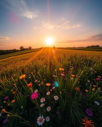 A stunning bird's eye view of a sunset over a spring wildflower meadow, captured from a unique overhead perspective. The imag