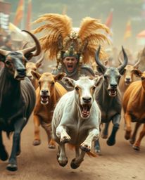 A captivating carnival scene is dynamically overtaken by wild animals, rendered in natural earth tones of browns and beiges w