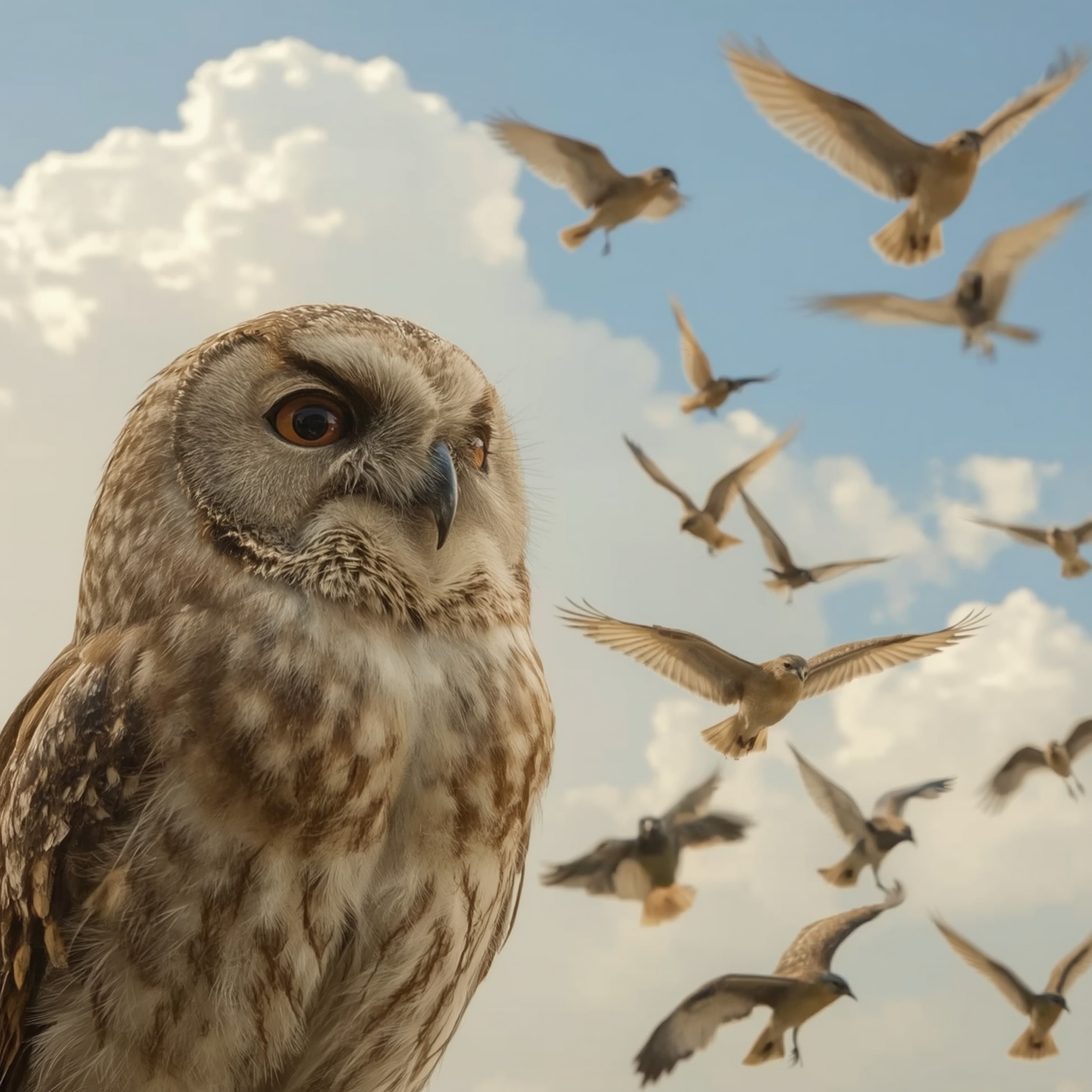 A heartwarming Pixar-style photograph depicts a wise, blind owl with soft, muted feathers teaching a diverse group of vibrant