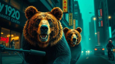 A cinematic image featuring a luxurious and vibrant bear family embarking on a dramatic urban adventure, captured in rich, de