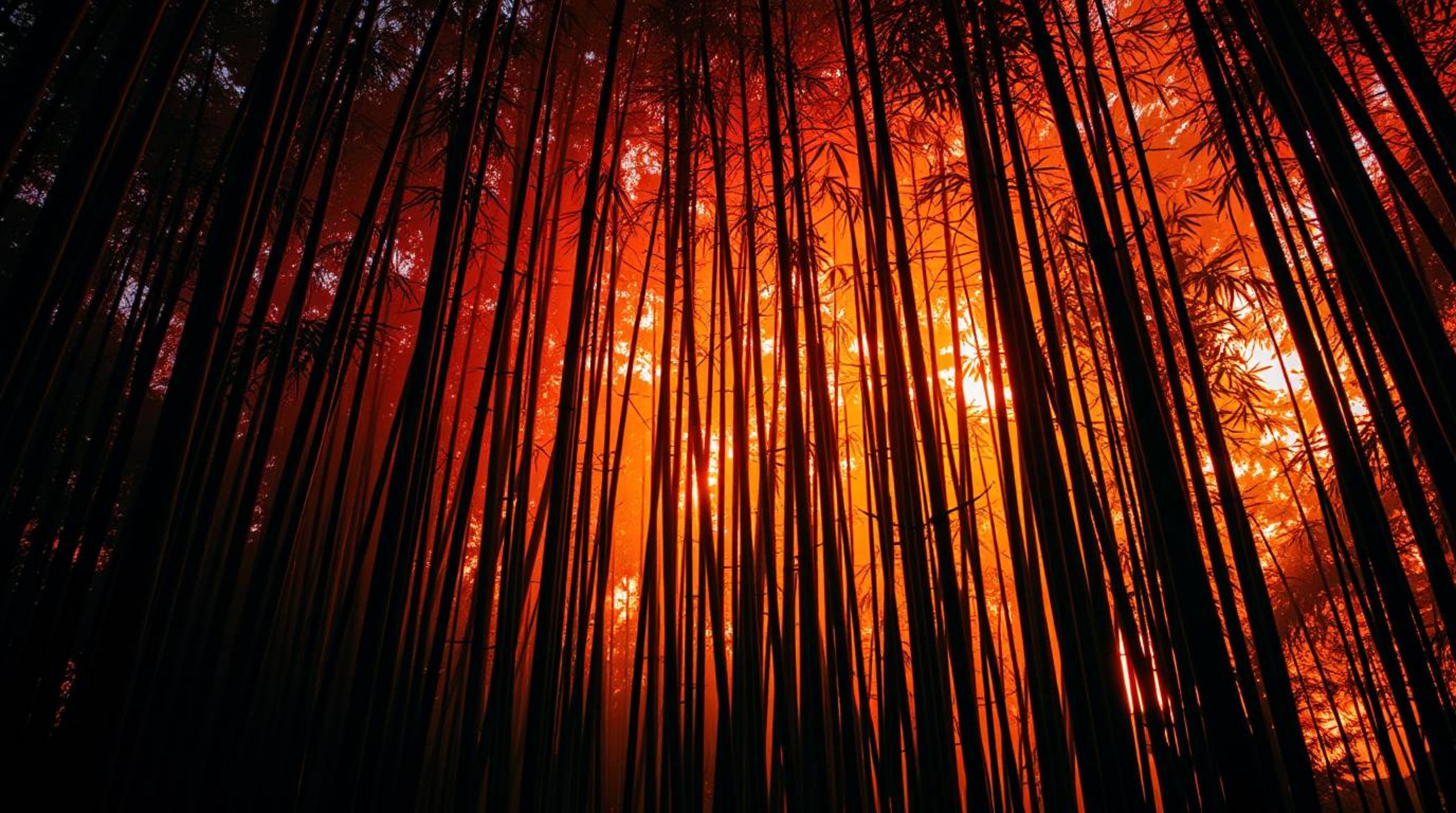 Explore captivating high-contrast, low-key photographs of a bamboo forest bathed in the warm glow of the setting sun. Experie