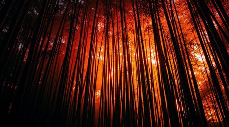 Explore captivating high-contrast, low-key photographs of a bamboo forest bathed in the warm glow of the setting sun. Experie
