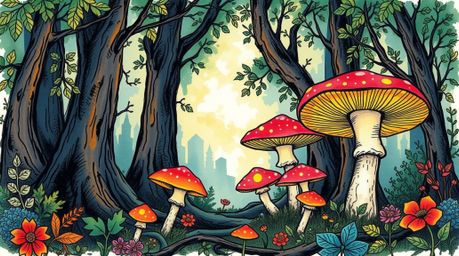 Discover a vibrant hand-drawn sketch of a vintage-style enchanted forest teeming with glowing mushrooms. This sketchnote feat