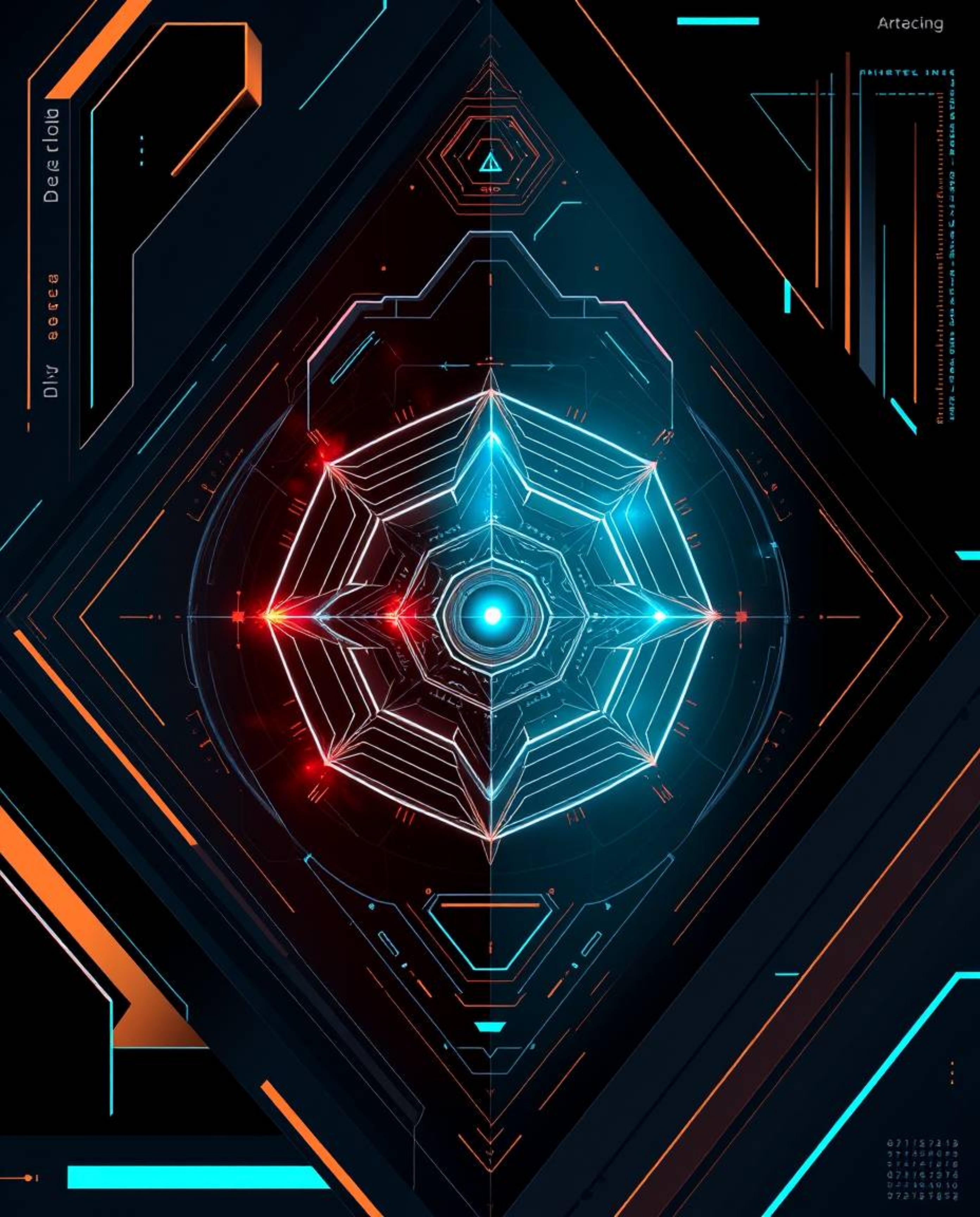 This futuristic digital interface showcases a stunning blend of geometric patterns and a mesmerizing holographic effect.  The