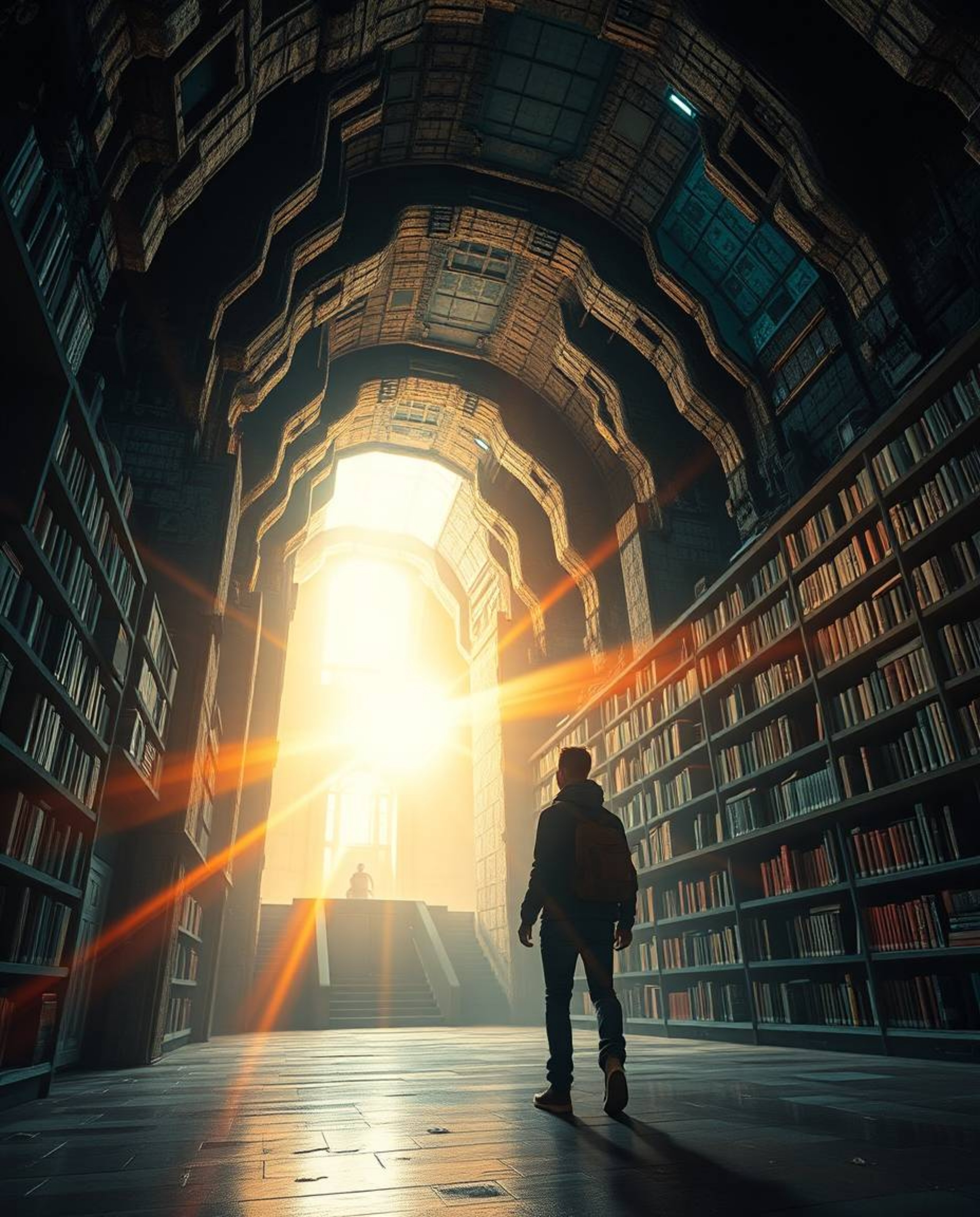 A person's breathtaking discovery of a hidden underground library unfolds in a modern, grand, and epic scene. The composition