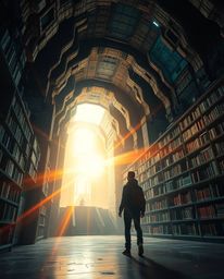 A person's breathtaking discovery of a hidden underground library unfolds in a modern, grand, and epic scene. The composition
