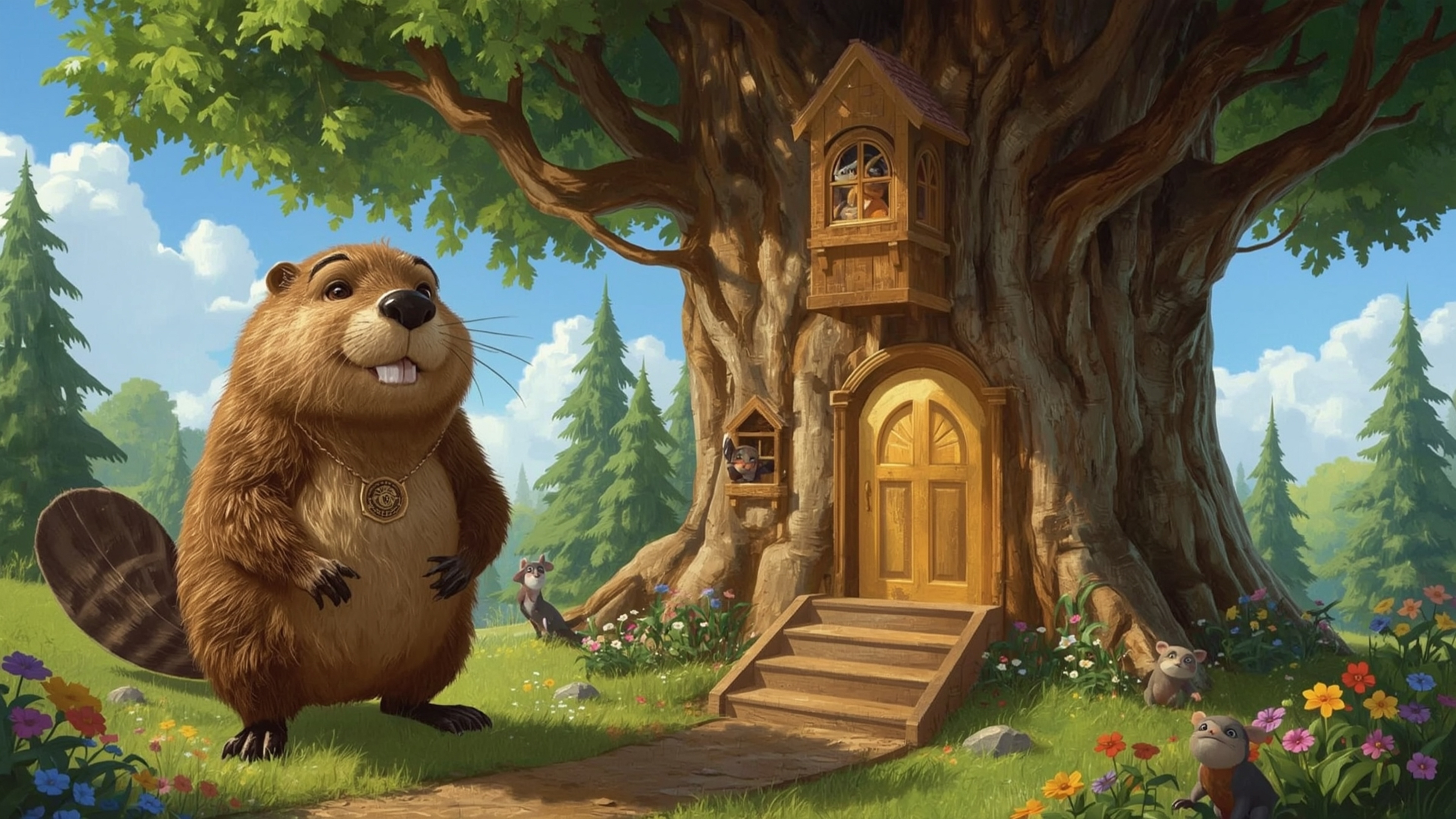 A highly detailed, high-resolution stock photo shows a proud, anthropomorphized beaver standing on its hind legs and wearing