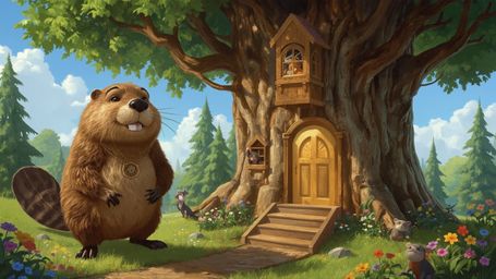 A highly detailed, high-resolution stock photo shows a proud, anthropomorphized beaver standing on its hind legs and wearing