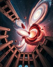Witness the breathtaking collision of galaxies in a vibrant cosmic explosion, captured with precise architectural photography