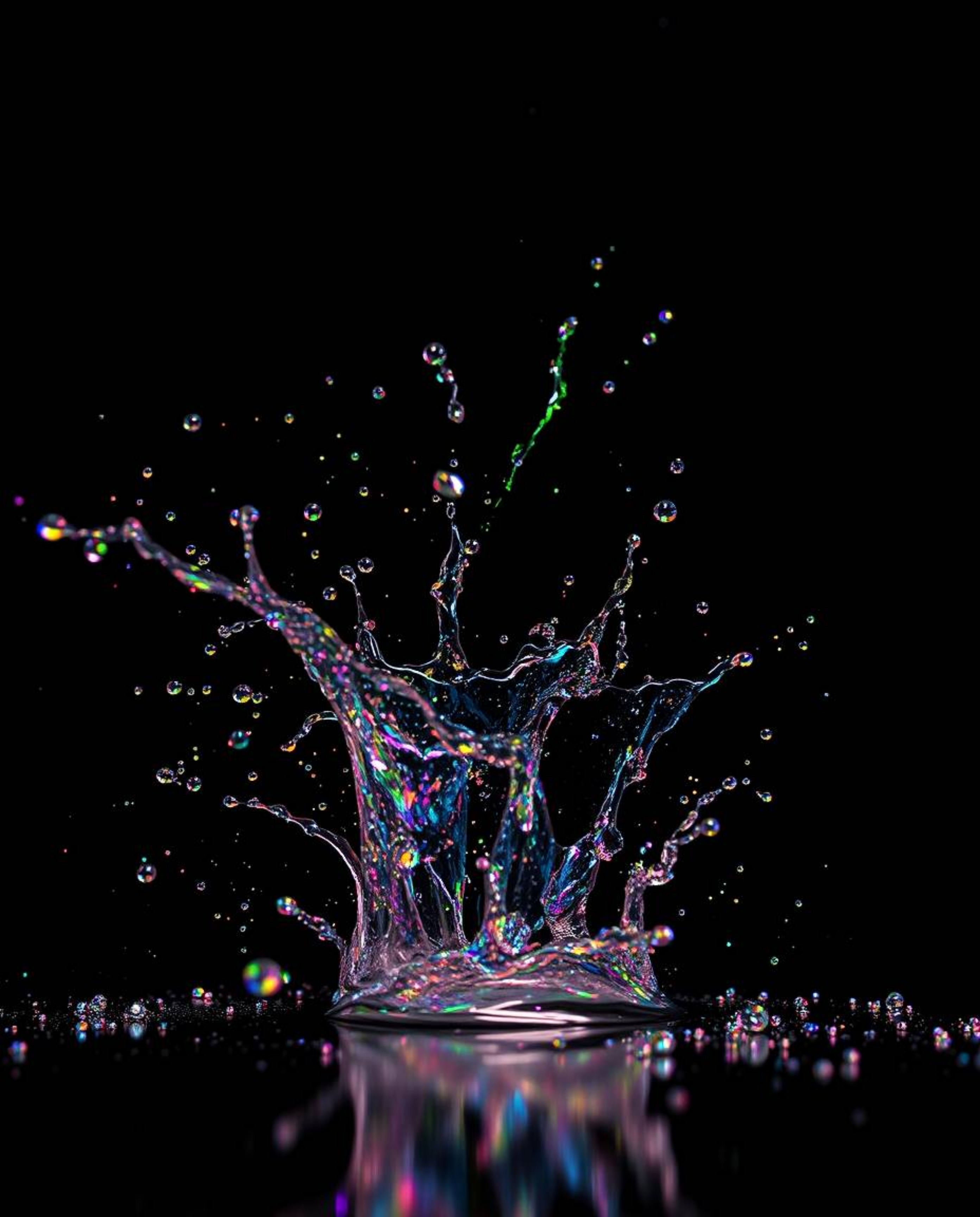 Capture the mesmerizing beauty of iridescent colors under intense and dramatic lighting, featuring dynamic splashes against a