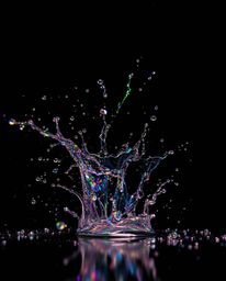 Capture the mesmerizing beauty of iridescent colors under intense and dramatic lighting, featuring dynamic splashes against a
