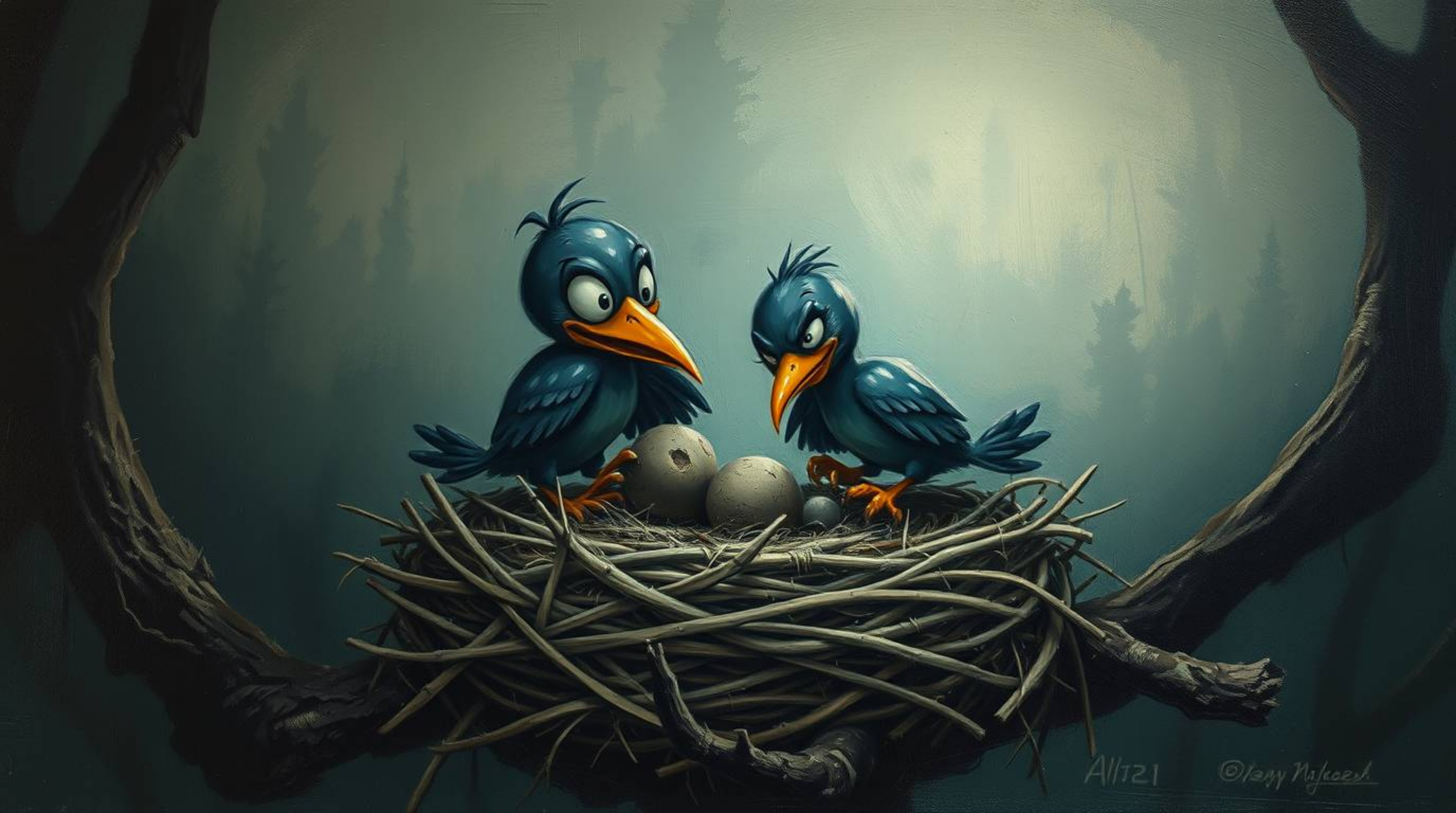 An eerie, creepy oil painting depicts two cartoon birds building a nest.  Rendered in a classic animation style with rich tex