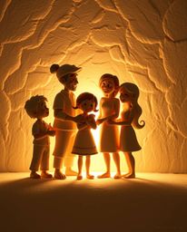 Experience a touching family reunion rendered in silhouetted sculptural clay art, reminiscent of Pixar's heartwarming style. 