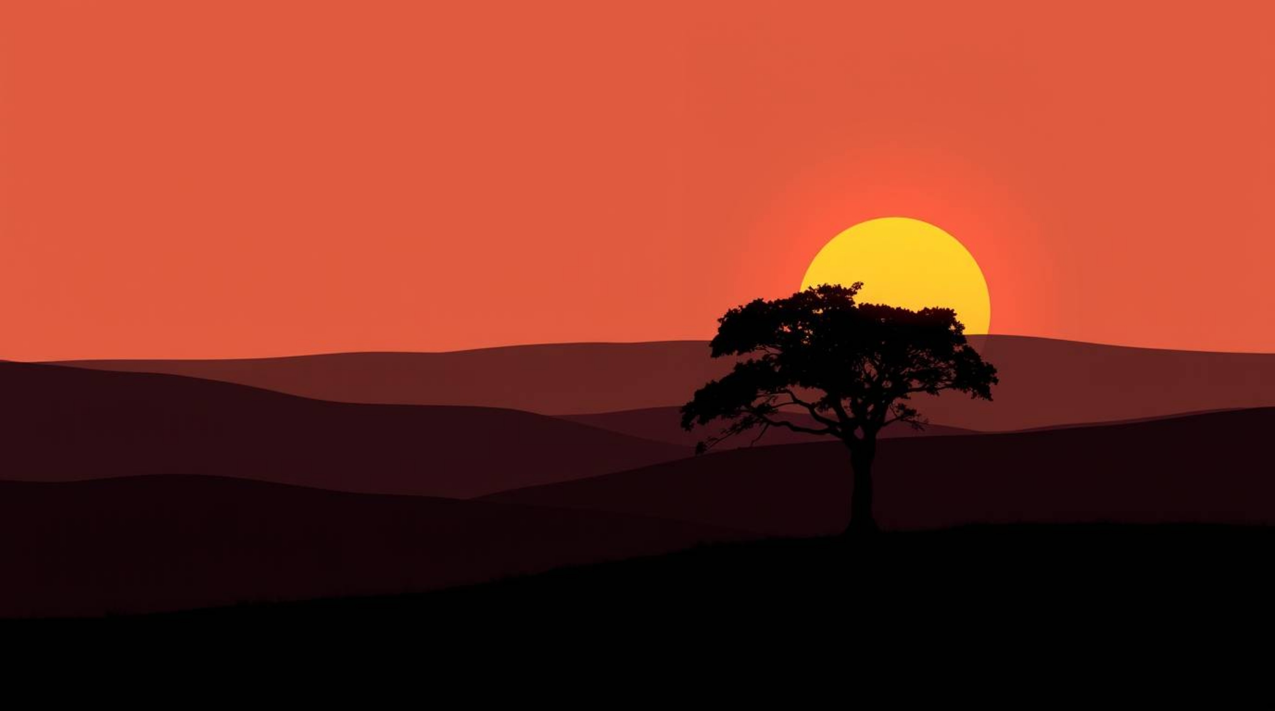 A captivating image of a lone tree silhouetted against a vibrant fiery sunset on a hill.  Rendered in a modern flat design st