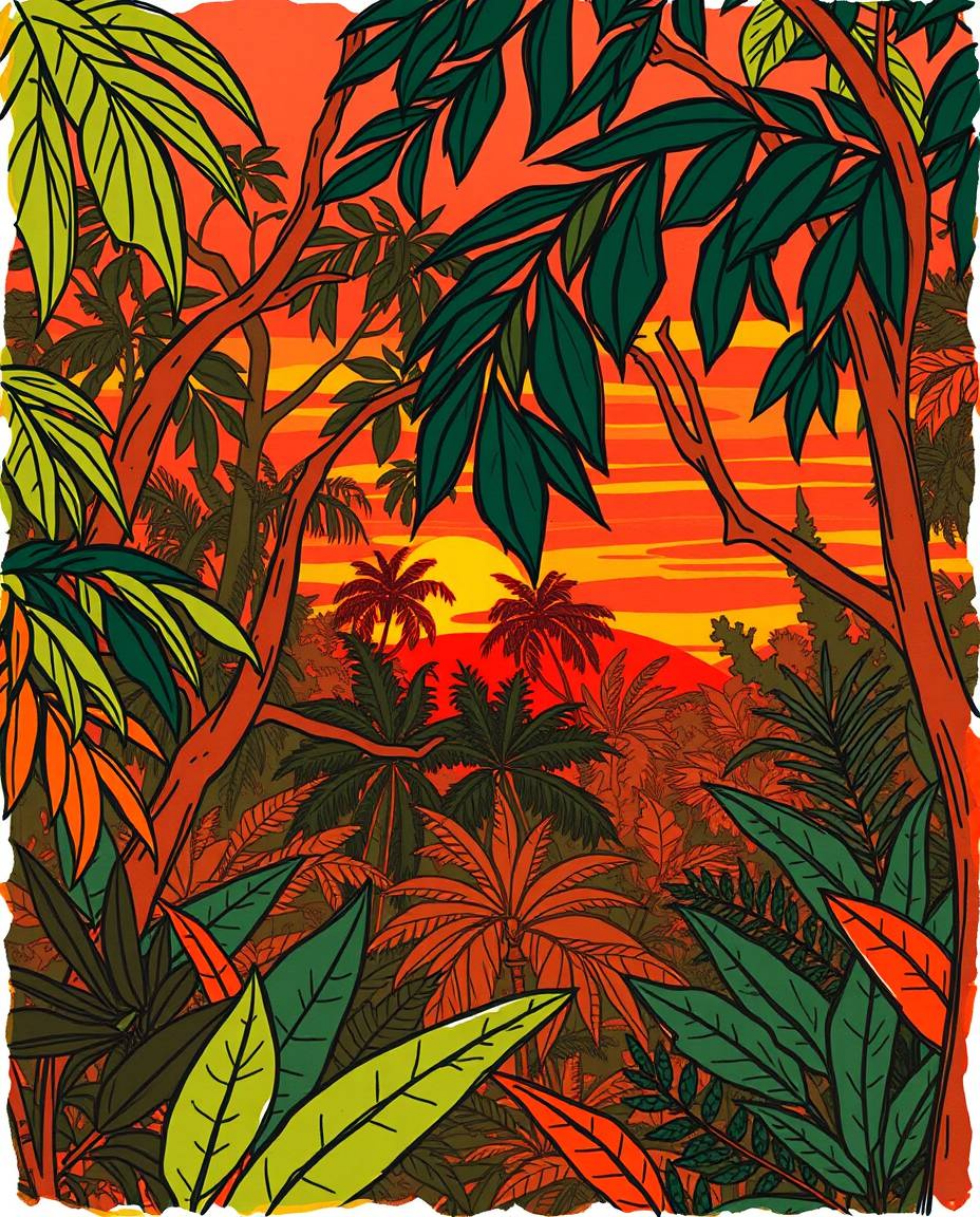 A warm, hand-drawn color sketchnote-style illustration captures a serene sunset viewed through a dense jungle canopy. This ar