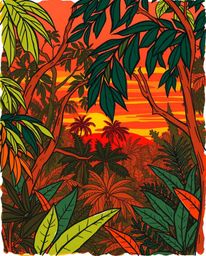 A warm, hand-drawn color sketchnote-style illustration captures a serene sunset viewed through a dense jungle canopy. This ar