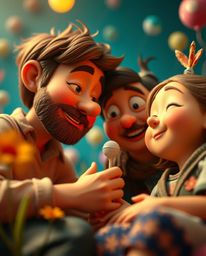 Experience a dreamlike, surreal macro close-up of a heartfelt family reunion rendered in captivating Pixar style. This fanta