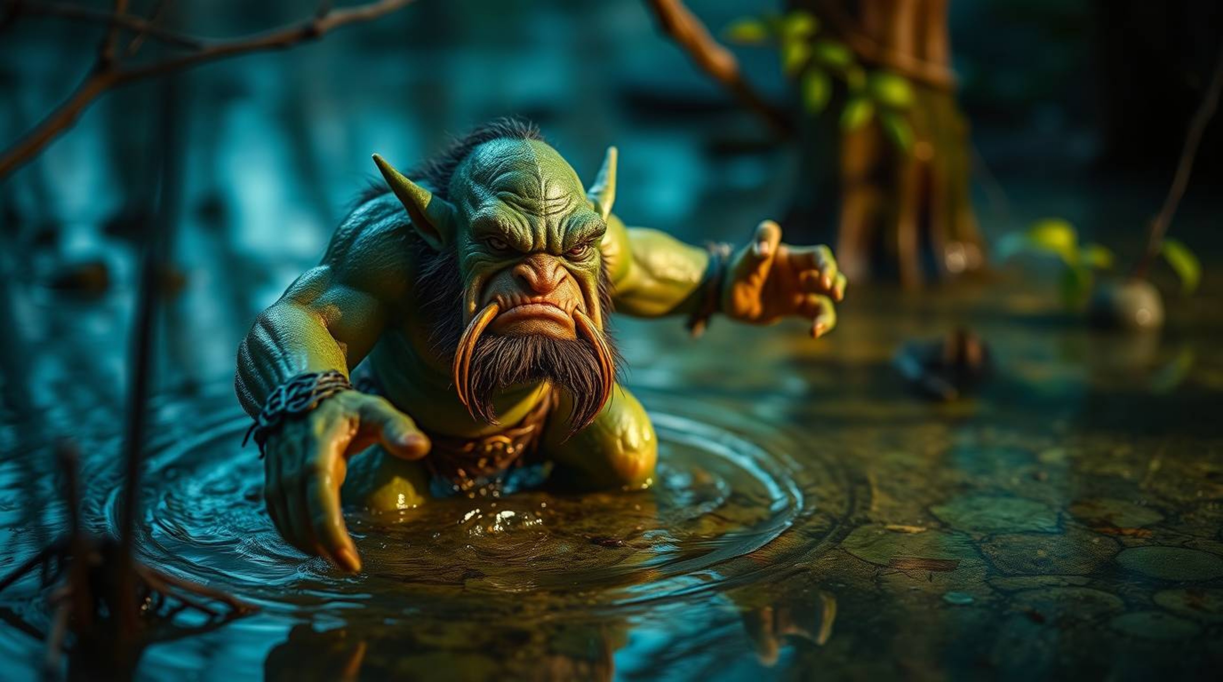 An extreme macro close-up reveals an ogre dancing in a swamp, showcasing rich deep teal colors and luxurious vibrant details.