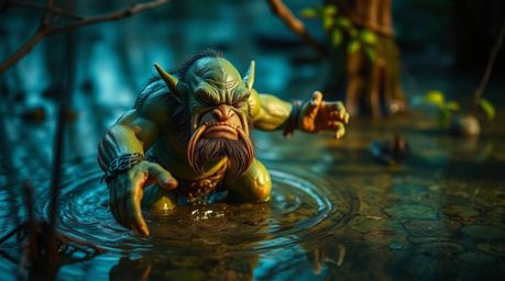 An extreme macro close-up reveals an ogre dancing in a swamp, showcasing rich deep teal colors and luxurious vibrant details.