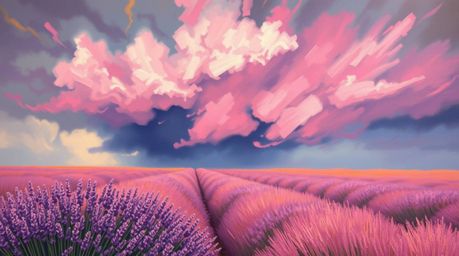 A classic oil painting depicting lavender fields glowing under a stormy pink sky, showcasing intense dramatic weather and hig