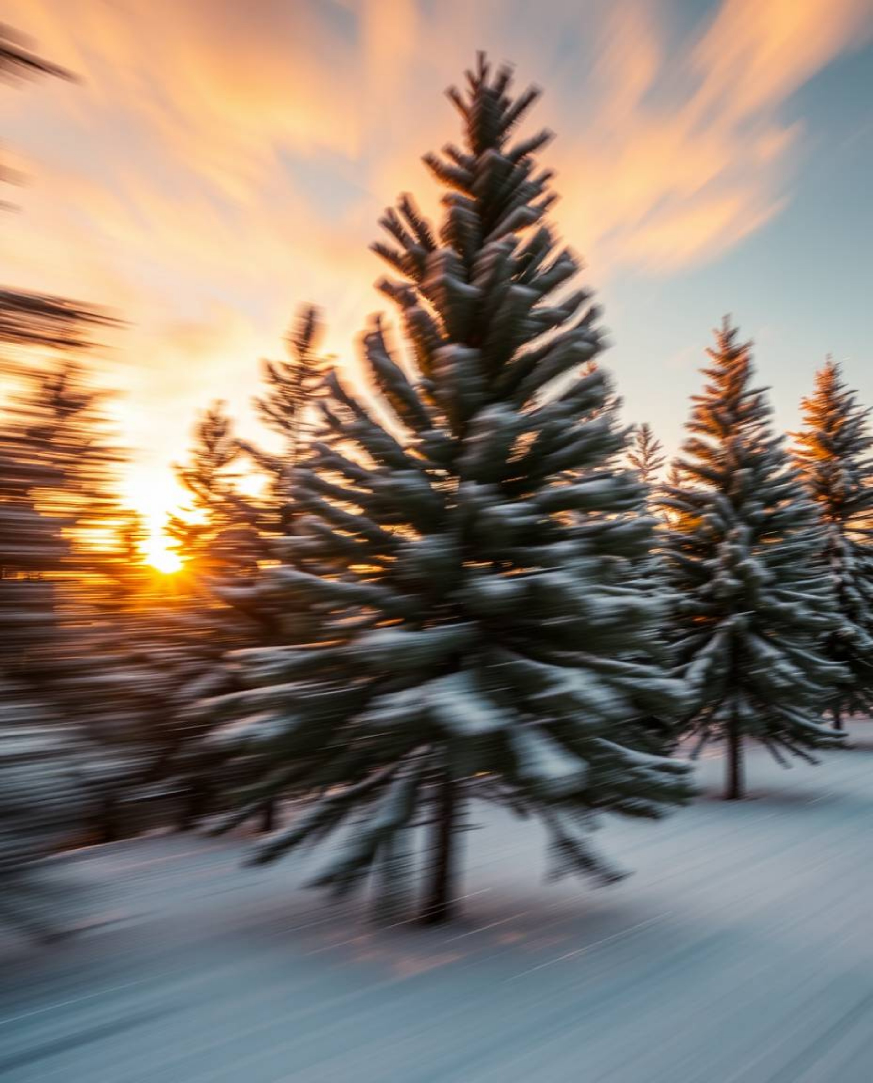 A dynamic, high-resolution stock photo captures the captivating scene of sunset light sparkling on snowy pine trees in motion