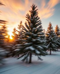 A dynamic, high-resolution stock photo captures the captivating scene of sunset light sparkling on snowy pine trees in motion