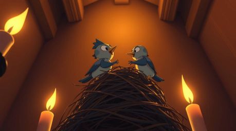 A captivating low-angle perspective showcases two charming cartoon birds diligently building a nest, rendered in a timeless c