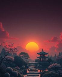 Immerse yourself in a surreal and dreamlike depiction of a serene Zen garden at sunset. This artwork features smooth gradient
