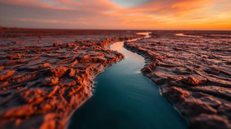 A stunning close-up captures a river delta bathed in the warm hues of terracotta and the cool tones of teal at twilight. The 