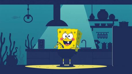 A modern, flat-designed animation featuring a silhouette of a sponge character cooking in an underwater kitchen. Backlighting