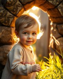 A captivating photograph depicts a child with rosy cheeks and bright eyes, stumbling upon a magical portal hidden in their su
