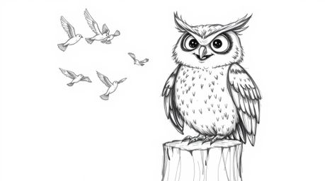 This hand-drawn, Pixar-esque sketch depicts a joyful, blind owl with detailed, textured feathers perched on a tree stump, sur
