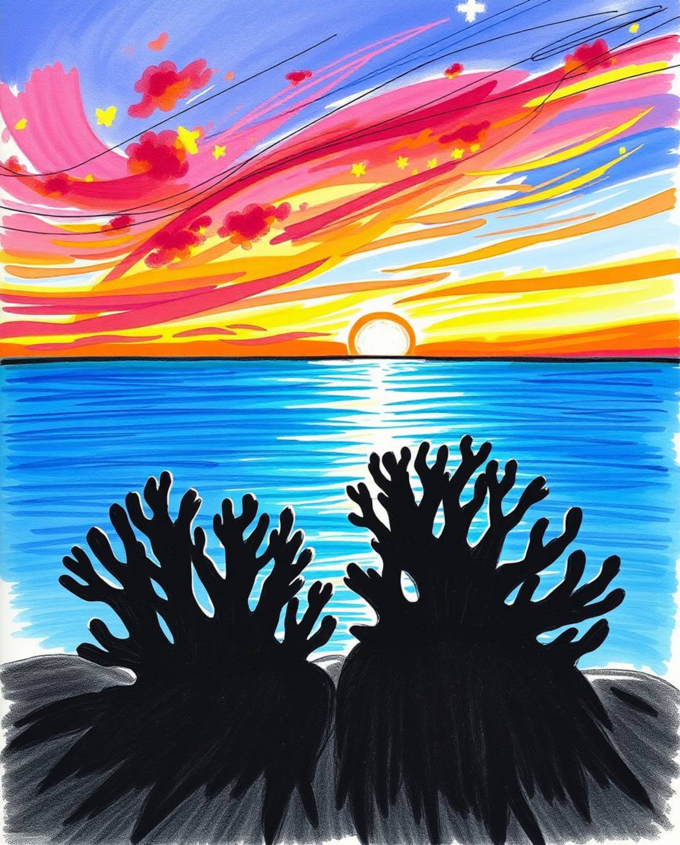 A hand-drawn sketch captures a silhouetted coral reef at low tide set against a colorful sky. Created in a sketchnote style, 