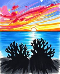 A hand-drawn sketch captures a silhouetted coral reef at low tide set against a colorful sky. Created in a sketchnote style, 