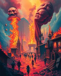 A dreamlike and surreal city engulfed in flames depicts a scene of vibrant chaos. People are seen running amidst the inferno,