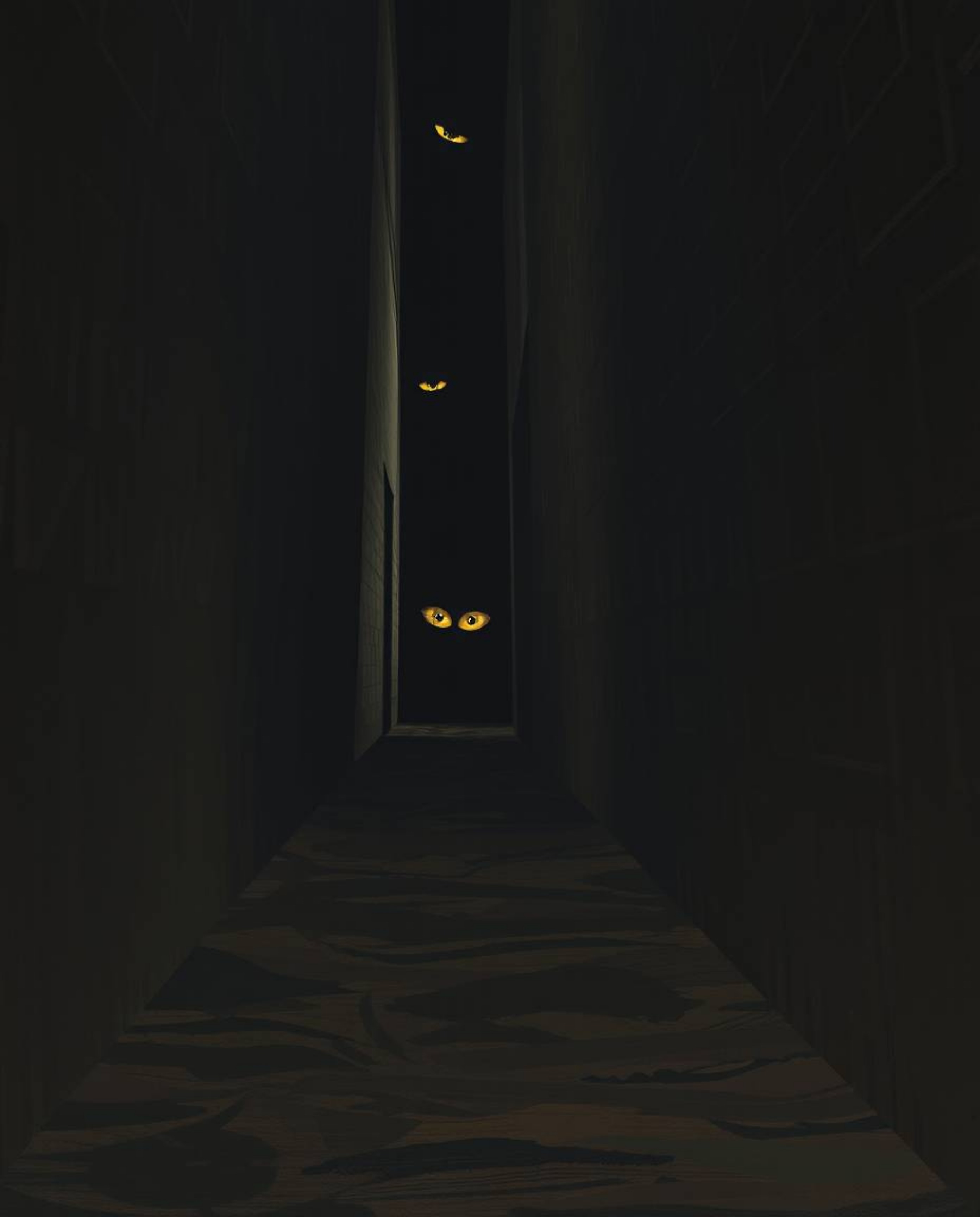 An eerie scene unfolds in a shadowy alley at night, rendered in natural earth tones. The dark tones and unsettling details cr