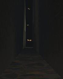 An eerie scene unfolds in a shadowy alley at night, rendered in natural earth tones. The dark tones and unsettling details cr