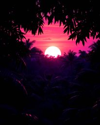 A realistic depiction captures a sunset filtering through a dense jungle canopy, characterized by deep ultraviolet hues. The 
