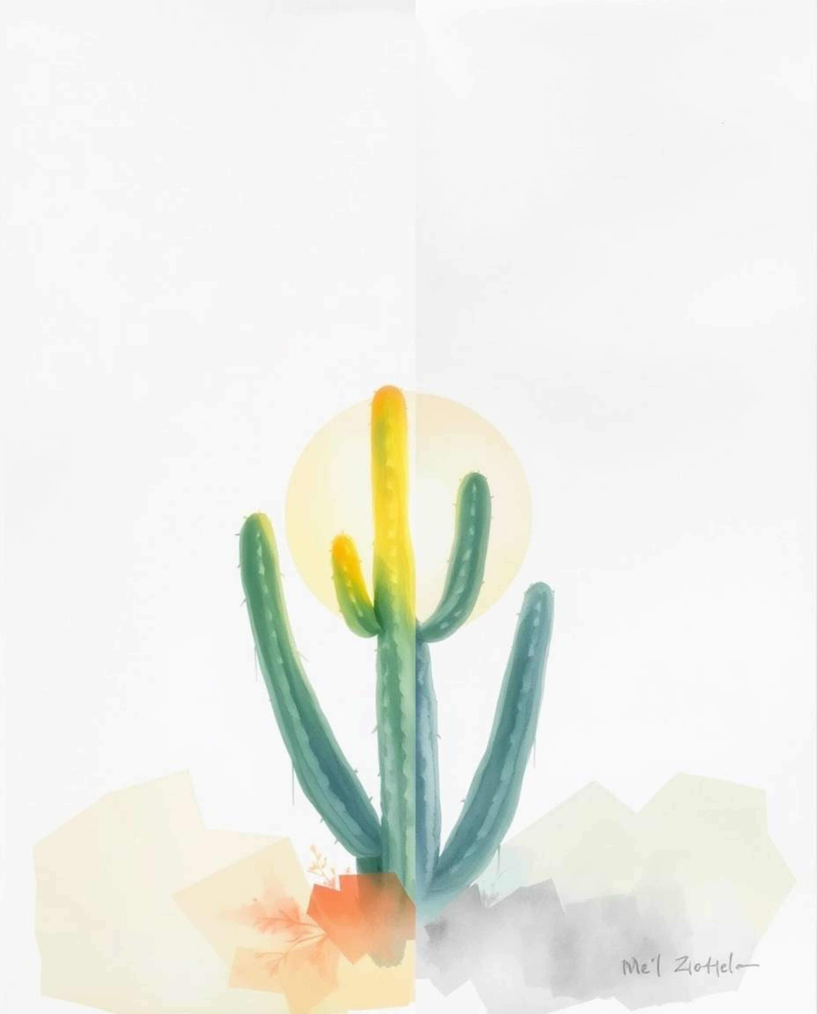 A delicate watercolor painting creating a soft, dreamy atmosphere with a distinct split composition. It features a desert cac