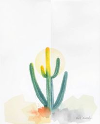 A delicate watercolor painting creating a soft, dreamy atmosphere with a distinct split composition. It features a desert cac
