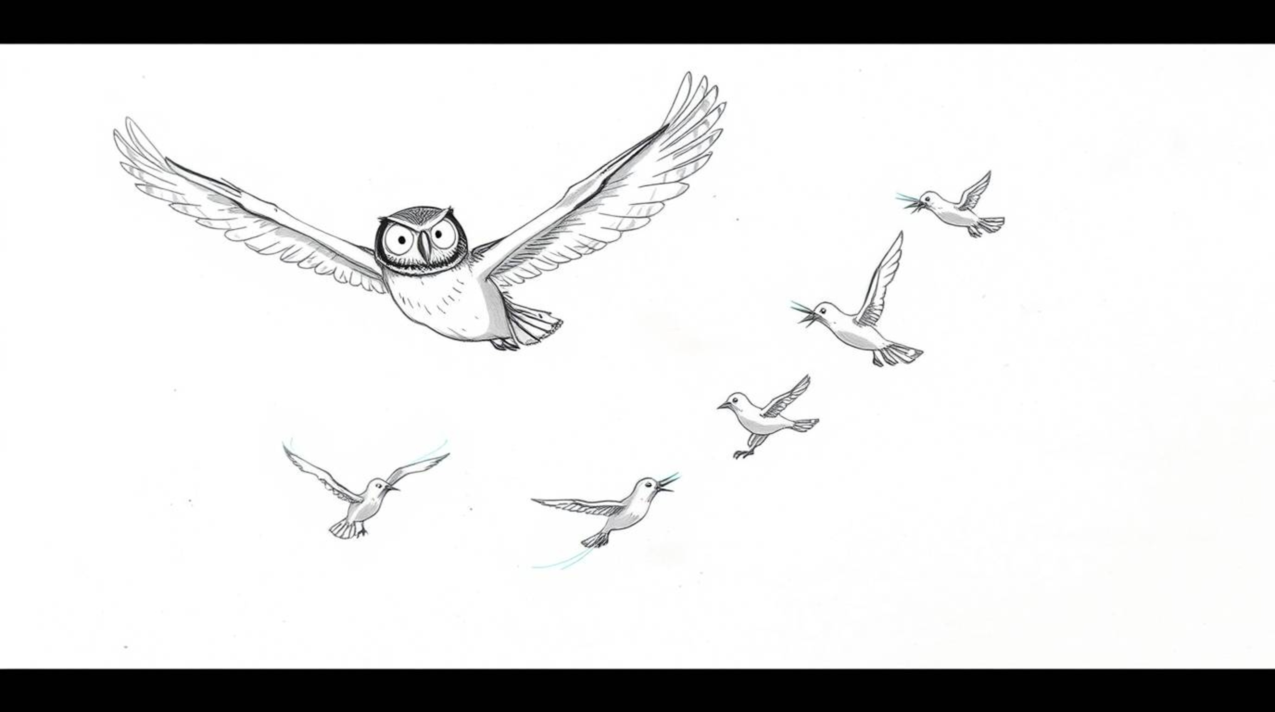 A captivating hand-drawn sketch in the style of Pixar depicts a blind owl, mid-flight, guiding several birds.  The owl and bi
