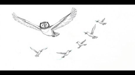 A captivating hand-drawn sketch in the style of Pixar depicts a blind owl, mid-flight, guiding several birds.  The owl and bi