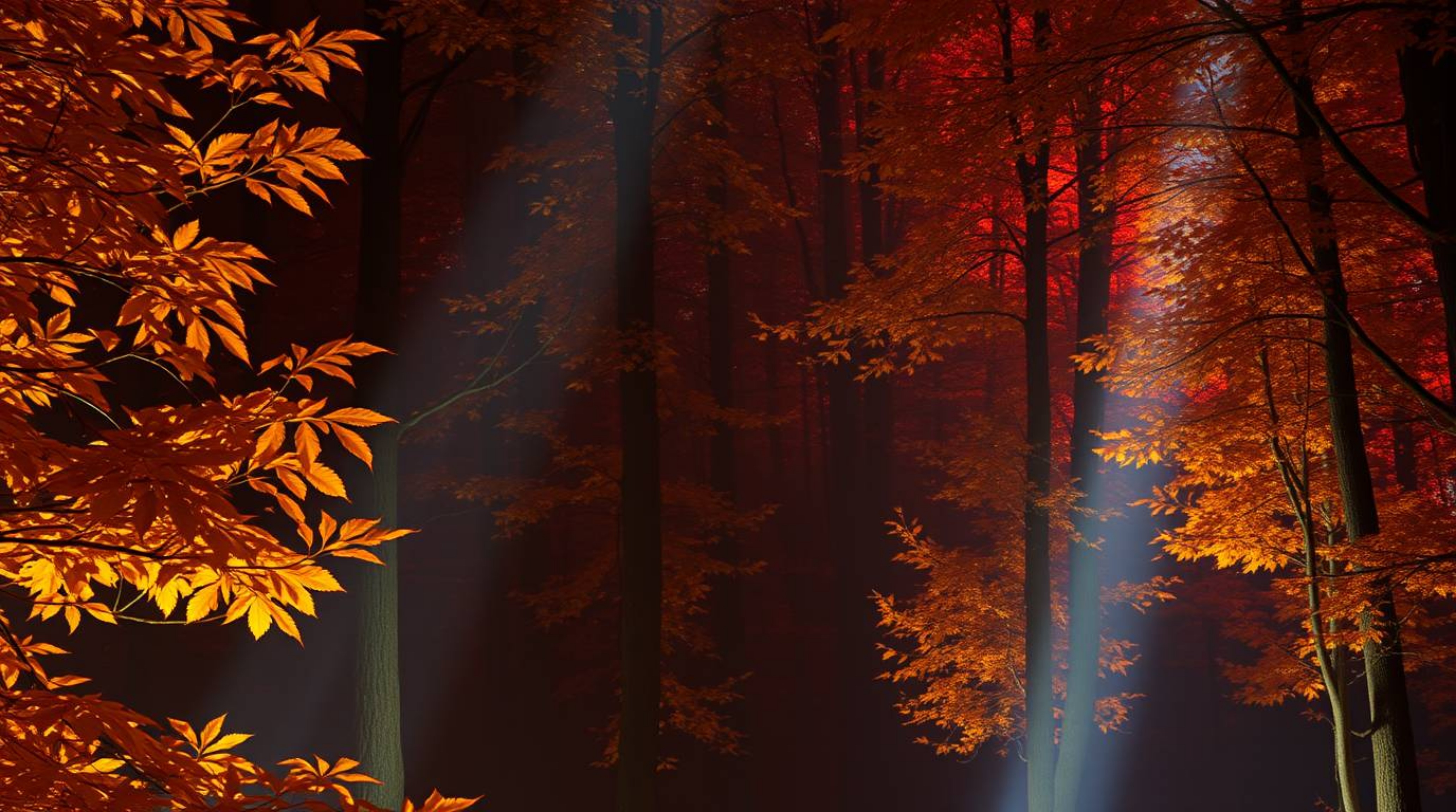 Experience the breathtaking beauty of an autumn forest bathed in the golden light of sunset.  This stunning scene features vo