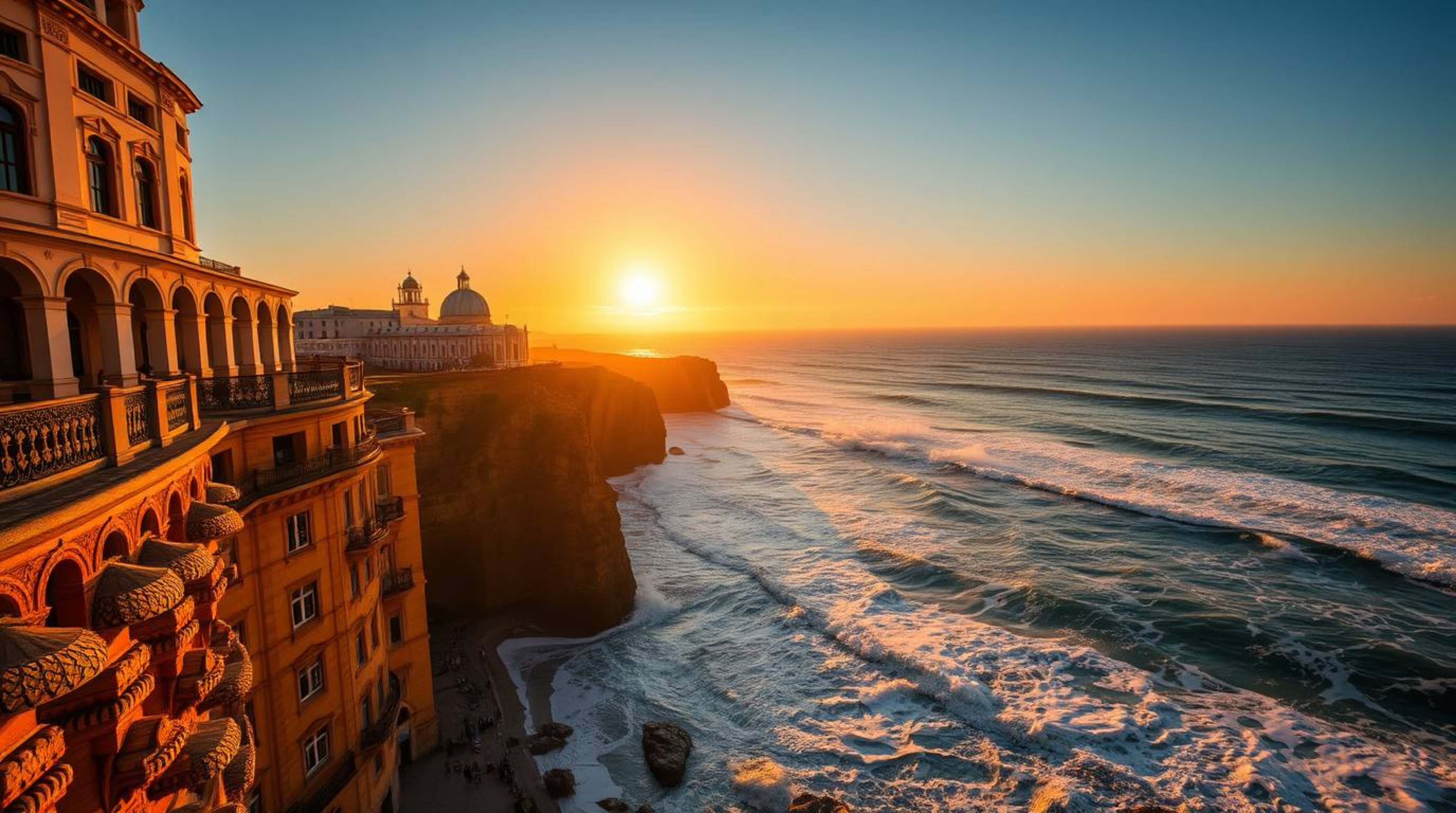 Stunning architectural photography capturing the warm golden glow of a radiant sunset.  Waves crash dramatically against clif