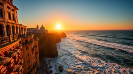 Stunning architectural photography capturing the warm golden glow of a radiant sunset.  Waves crash dramatically against clif