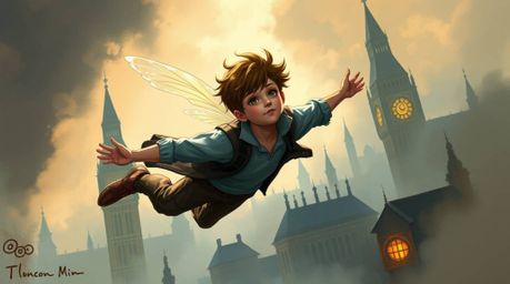 A dynamic digital sketch featuring a graceful young boy with refined features soaring above London on pixie dust. This fantas