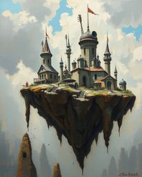 Experience a surreal floating island adorned with bizarre architecture, rendered in the timeless style of classic oil paintin