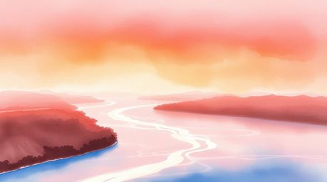 Experience the serene beauty of a delicate watercolor painting featuring a winding river bathed in the warm glow of a dramati